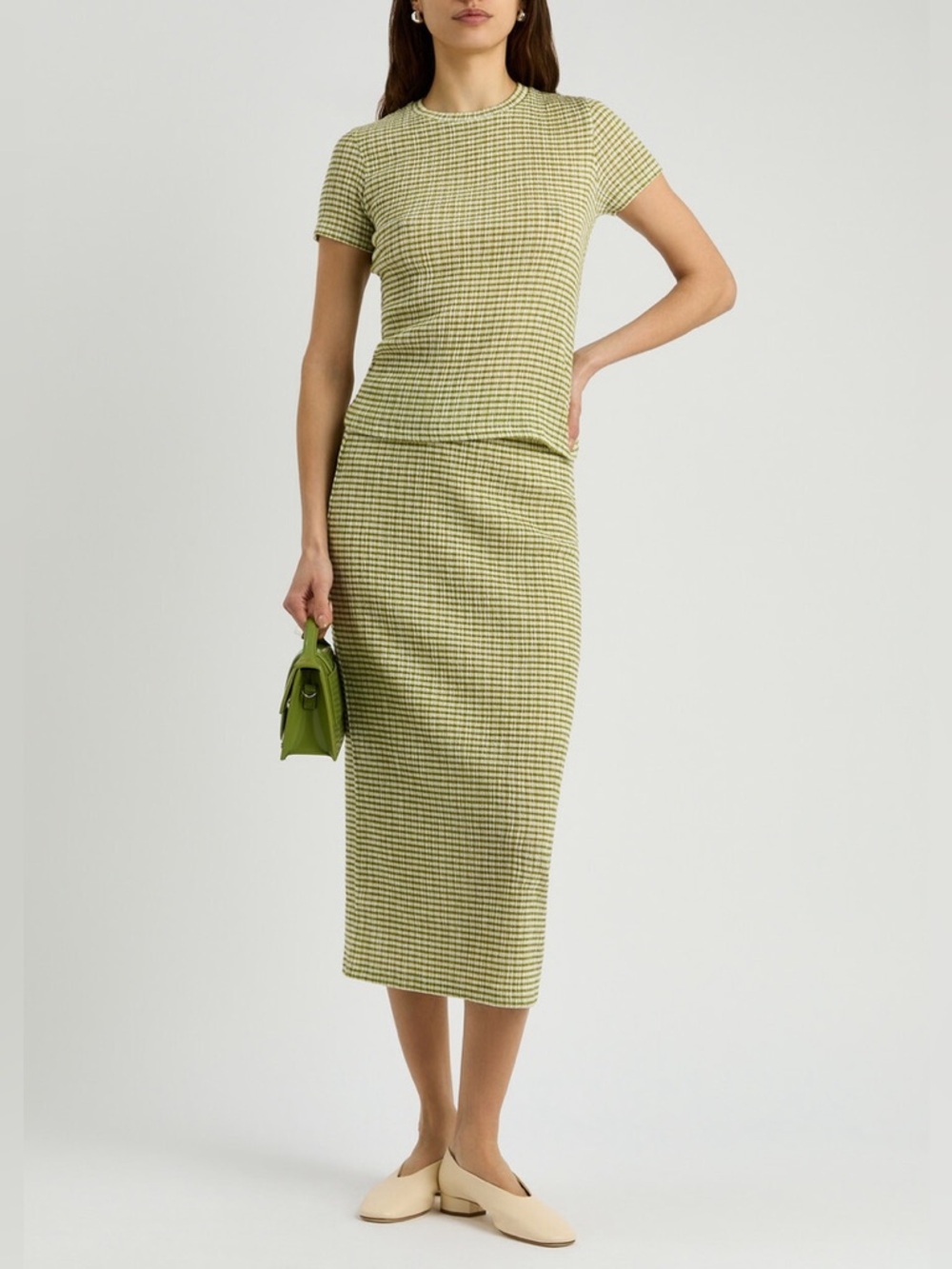 Vince Seersucker Smocked Tee Skirt Set S Modern Preppy Quiet Luxury Minimalist